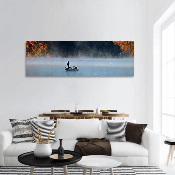 Fisherman In Foggy Morning Panoramic Canvas Wall Art-1 Piece-36" x 12"-Tiaracle