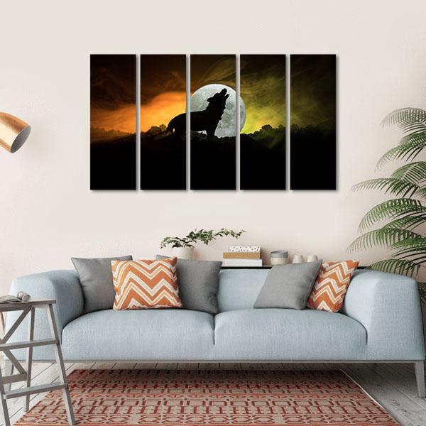 Silhouette Of Howling Wolf Canvas Wall Art-5 Horizontal-Gallery Wrap-22" x 12"-Tiaracle