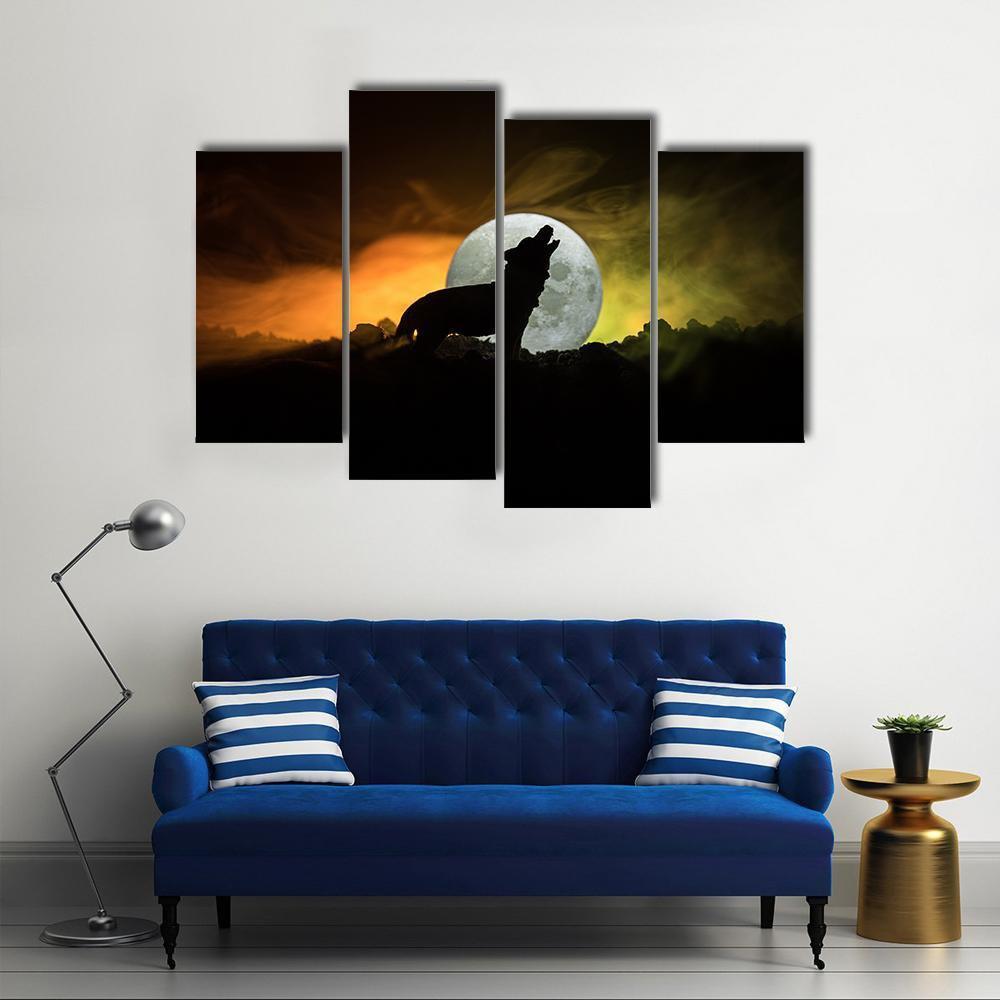 Silhouette Of Howling Wolf Canvas Wall Art-4 Pop-Gallery Wrap-50" x 32"-Tiaracle
