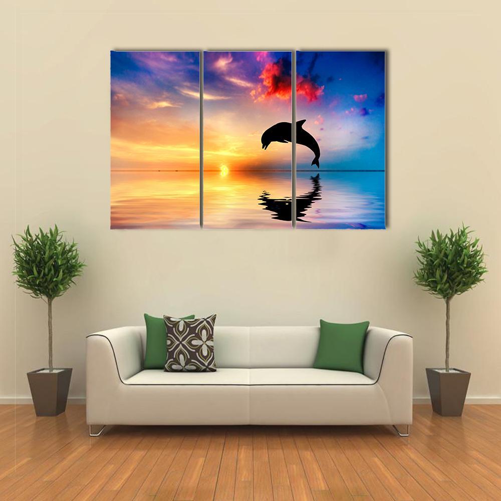 Silhouette Of Jumping Dolphin Canvas Wall Art-3 Horizontal-Gallery Wrap-37" x 24"-Tiaracle