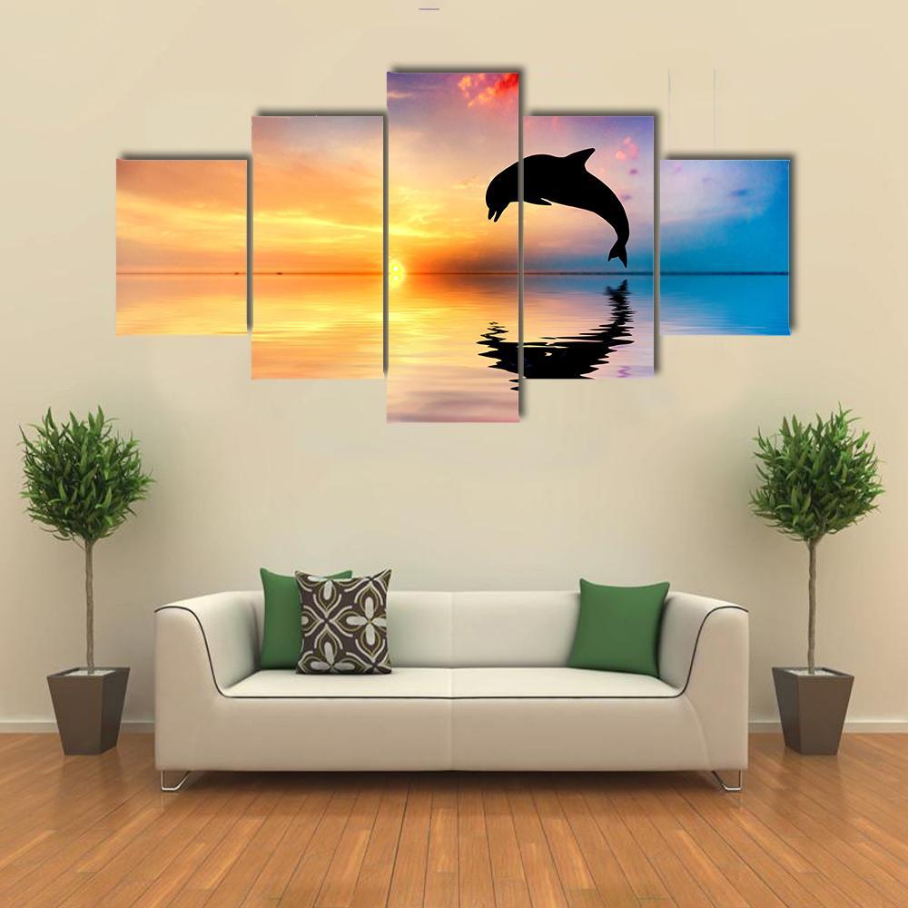 Silhouette Of Jumping Dolphin Canvas Wall Art-5 Star-Gallery Wrap-62" x 32"-Tiaracle