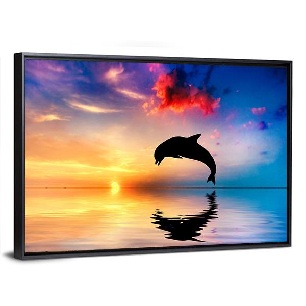 Silhouette Of Jumping Dolphin Canvas Wall Art-3 Horizontal-Gallery Wrap-25" x 16"-Tiaracle
