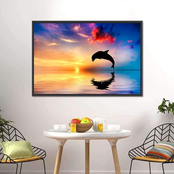 Silhouette Of Jumping Dolphin Panoramic Canvas Wall Art-1 Piece-36" x 12"-Tiaracle
