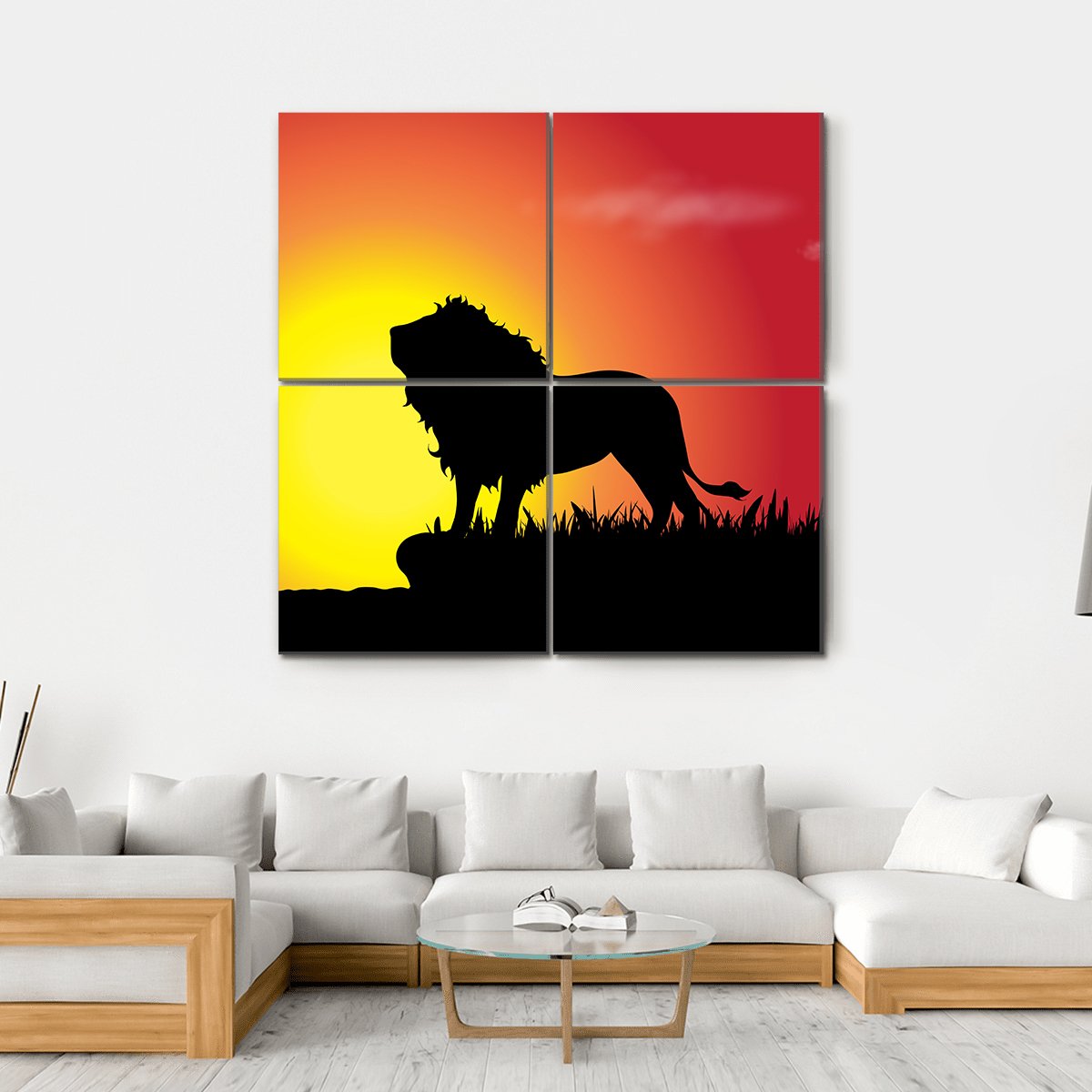Silhouette Of Lion At Sunset Canvas Wall Art-4 Square-Gallery Wrap-17" x 17"-Tiaracle