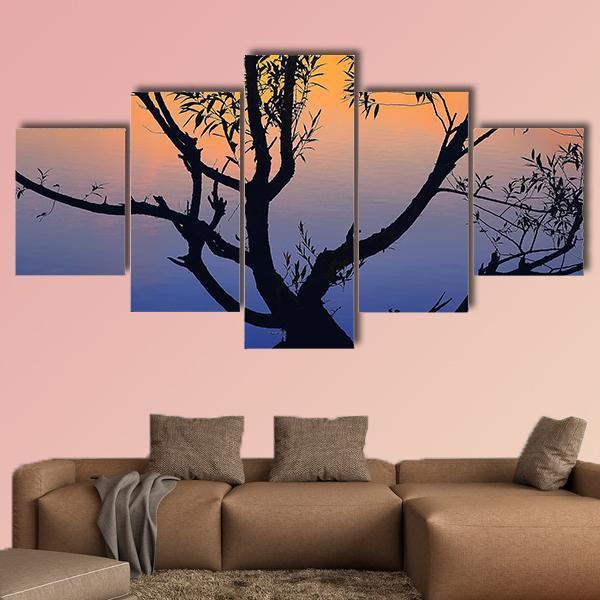 Tree Silhouette At Sunrise Canvas Wall Art-5 Star-Gallery Wrap-62" x 32"-Tiaracle