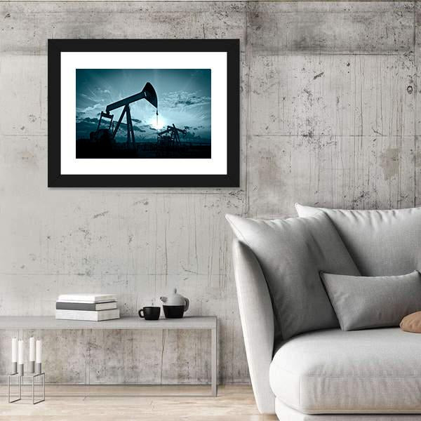 Silhouette Of Oil Pumps On A Sunset Canvas Wall Art-3 Horizontal-Gallery Wrap-25" x 16"-Tiaracle