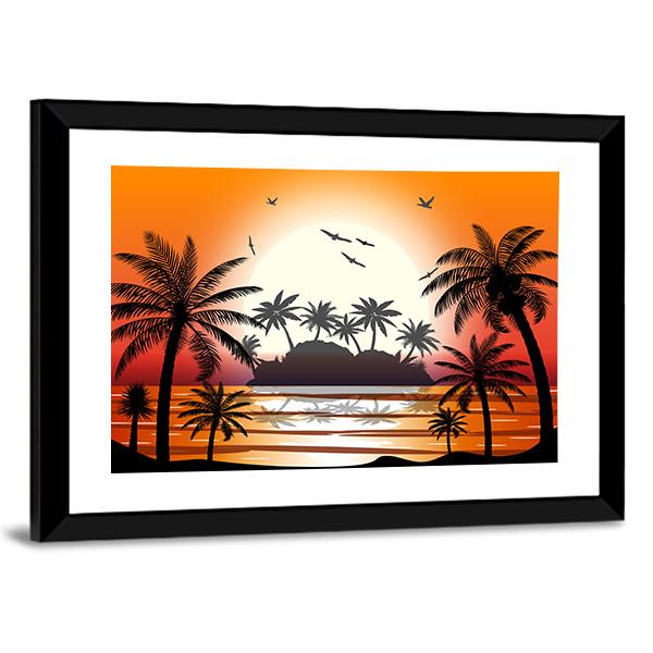 Silhouette Of Palm Tree On Beach Canvas Wall Art-3 Horizontal-Gallery Wrap-25" x 16"-Tiaracle