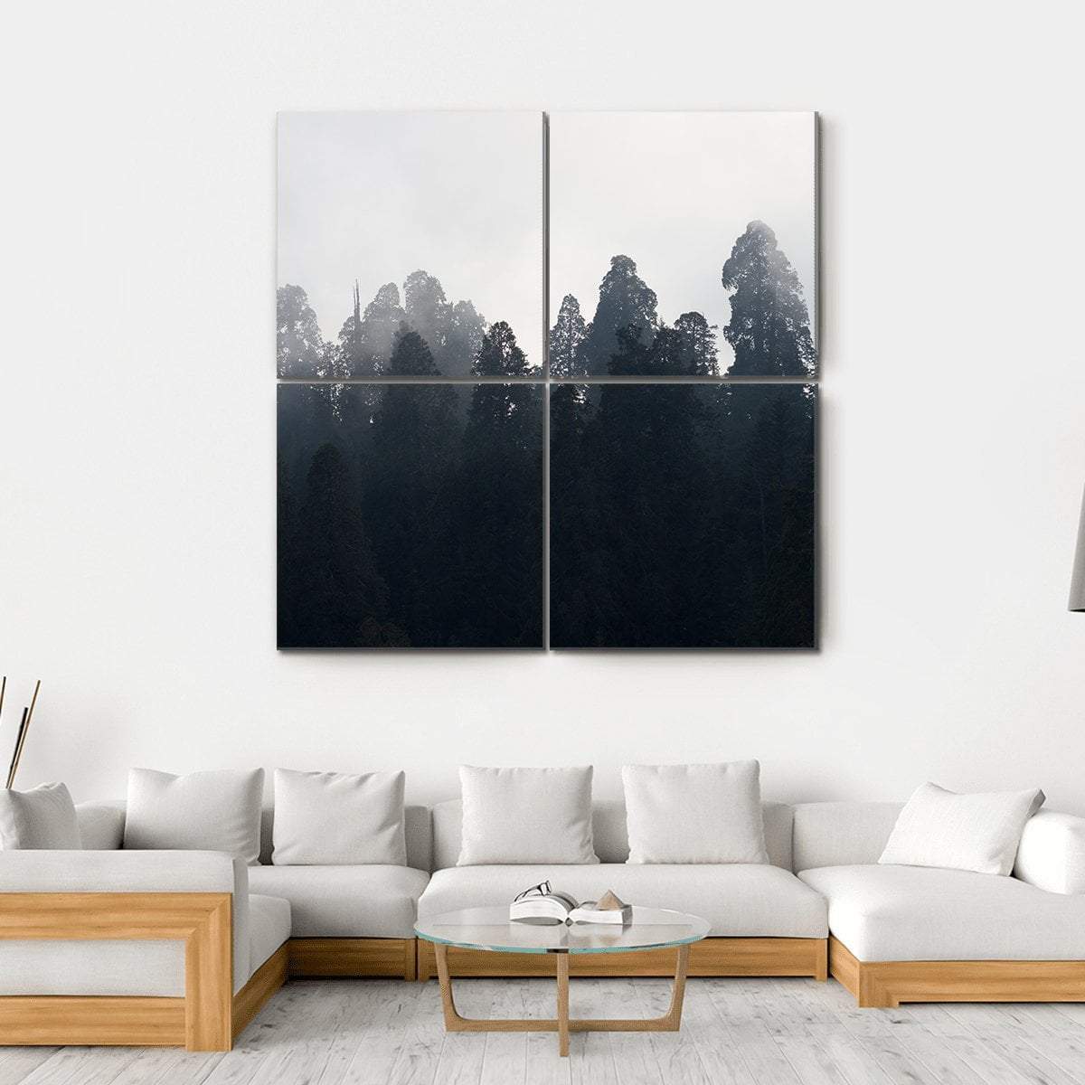 Silhouette of Redwood Forest In Mist Canvas Wall Art-4 Square-Gallery Wrap-17" x 17"-Tiaracle