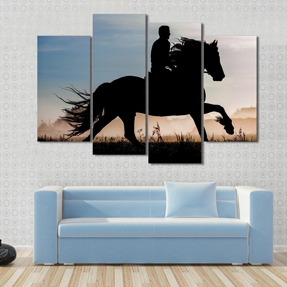 Silhouette Of Rider And Horse In Sunset Background Canvas Wall Art-4 Pop-Gallery Wrap-50" x 32"-Tiaracle