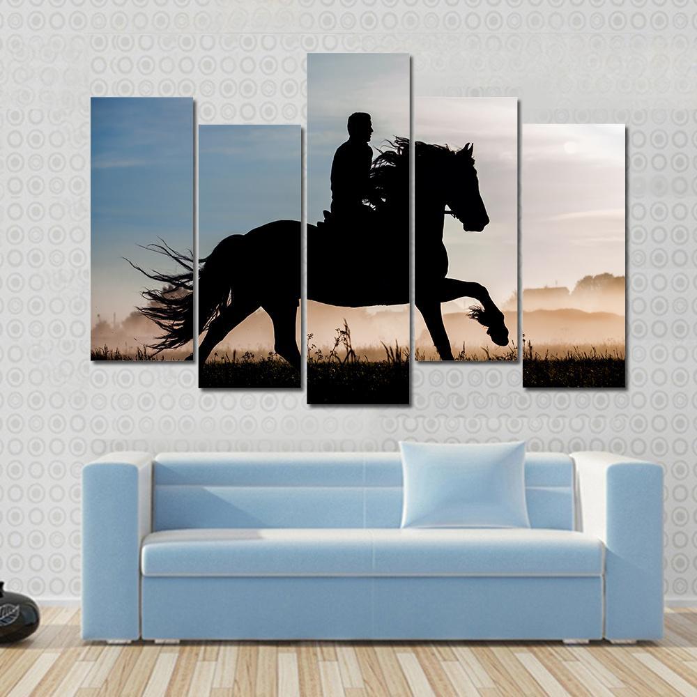 Silhouette Of Rider And Horse In Sunset Background Canvas Wall Art-5 Pop-Gallery Wrap-47" x 32"-Tiaracle
