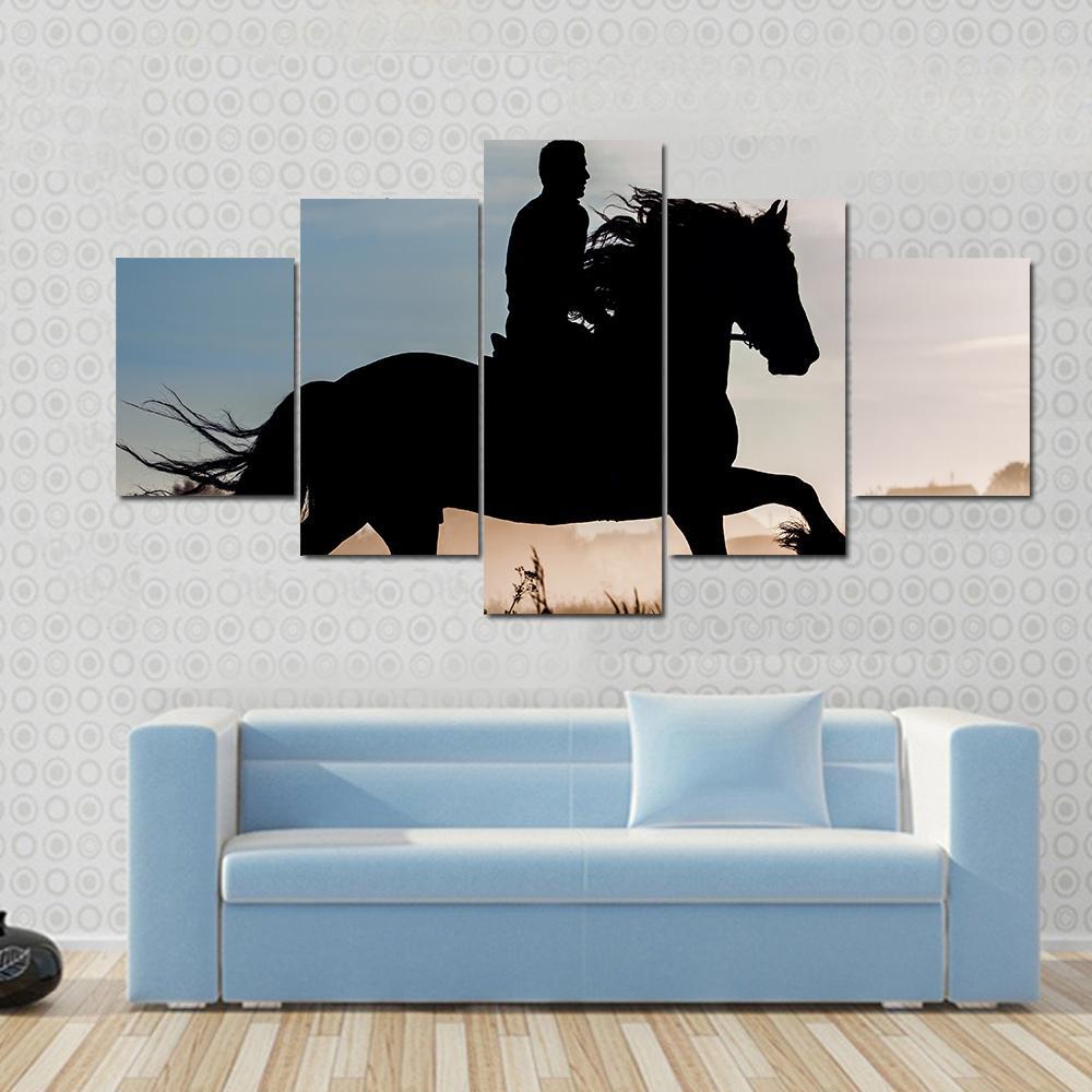 Silhouette Of Rider And Horse In Sunset Background Canvas Wall Art-5 Star-Gallery Wrap-62" x 32"-Tiaracle