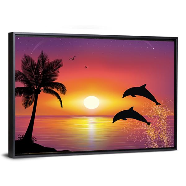 Silhouette Of Two Dolphins Jumping Out Of Water Canvas Wall Art-3 Horizontal-Gallery Wrap-25" x 16"-Tiaracle