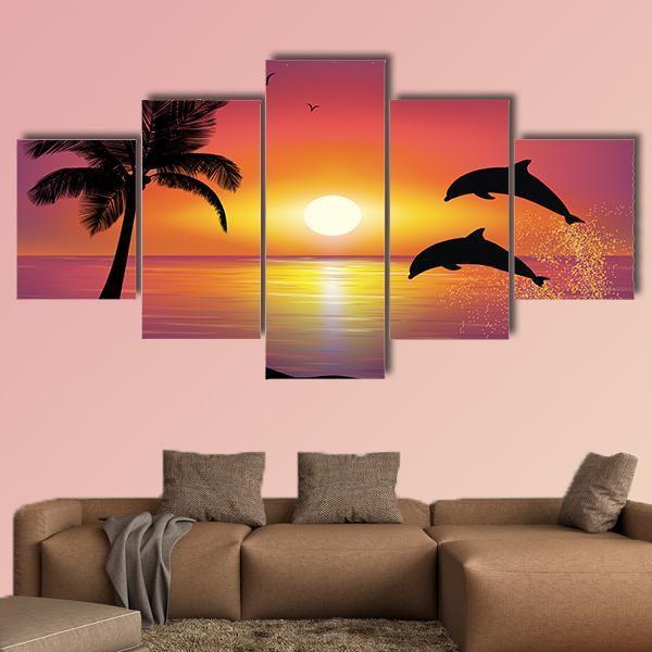 Silhouette Of Two Dolphins Jumping Out Of Water Canvas Wall Art-5 Star-Gallery Wrap-62" x 32"-Tiaracle