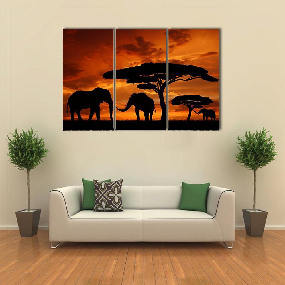 Silhouette Of Two Elephants In The Sunset Canvas Wall Art-3 Horizontal-Gallery Wrap-37" x 24"-Tiaracle