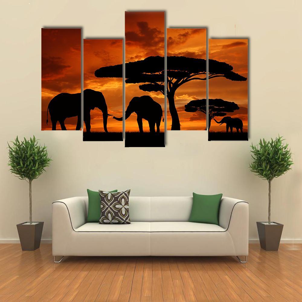 Silhouette Of Two Elephants In The Sunset Canvas Wall Art-5 Pop-Gallery Wrap-47" x 32"-Tiaracle