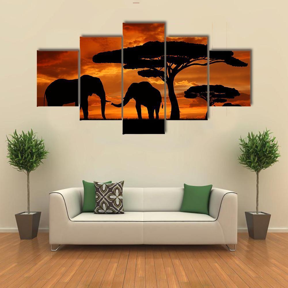 Silhouette Of Two Elephants In The Sunset Canvas Wall Art-5 Star-Gallery Wrap-62" x 32"-Tiaracle
