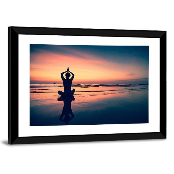 Silhouette Of Woman Practicing Yoga At The Seaside Canvas Wall Art-5 Horizontal-Gallery Wrap-22" x 12"-Tiaracle