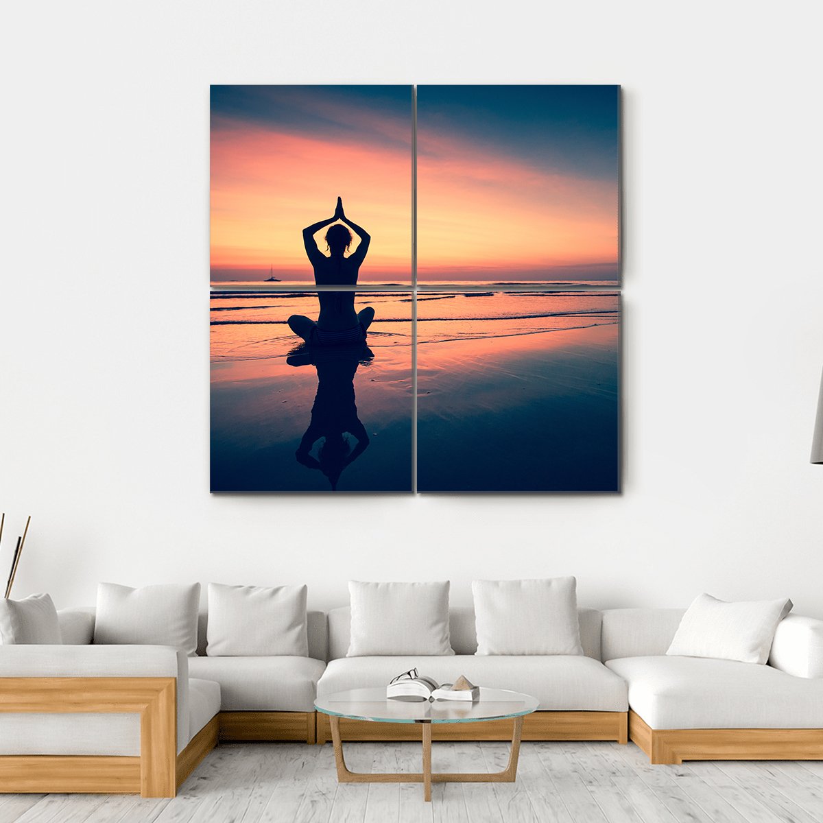 Silhouette Of Woman Practicing Yoga At The Seaside Canvas Wall Art-4 Square-Gallery Wrap-17" x 17"-Tiaracle
