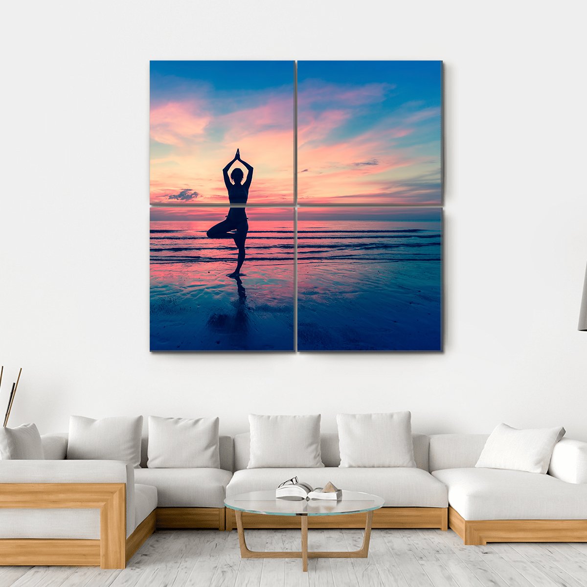 Silhouette Of Woman Standing At Yoga Pose On The Beach Canvas Wall Art-4 Square-Gallery Wrap-17" x 17"-Tiaracle