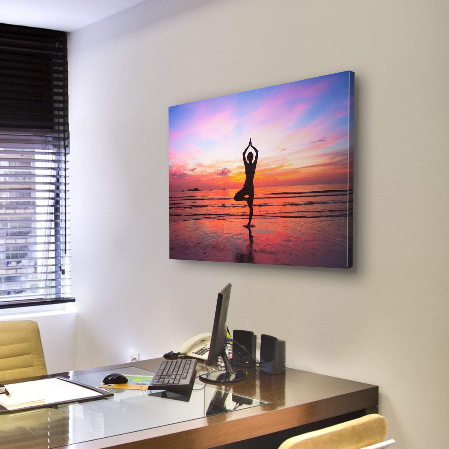 Silhouette Woman Yoga practice At The Seaside At Sunset Canvas Wall Art-3 Horizontal-Gallery Wrap-25" x 16"-Tiaracle