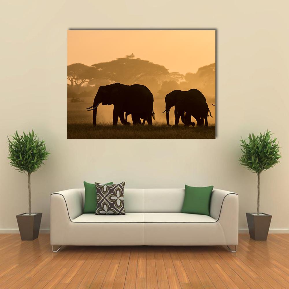 Silhouettes Of Elephants Canvas Wall Art-1 Piece-Gallery Wrap-24" x 16"-Tiaracle