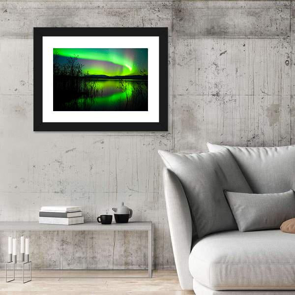 Silhouettes Of Intense Northern Lights over Lake Laberge Canada Canvas Wall Art-3 Horizontal-Gallery Wrap-25" x 16"-Tiaracle