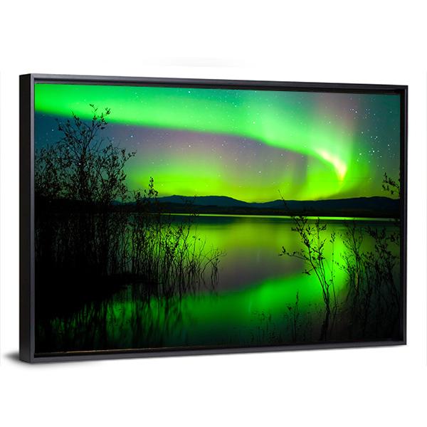 Silhouettes Of Intense Northern Lights over Lake Laberge Canada Canvas Wall Art-3 Horizontal-Gallery Wrap-25" x 16"-Tiaracle