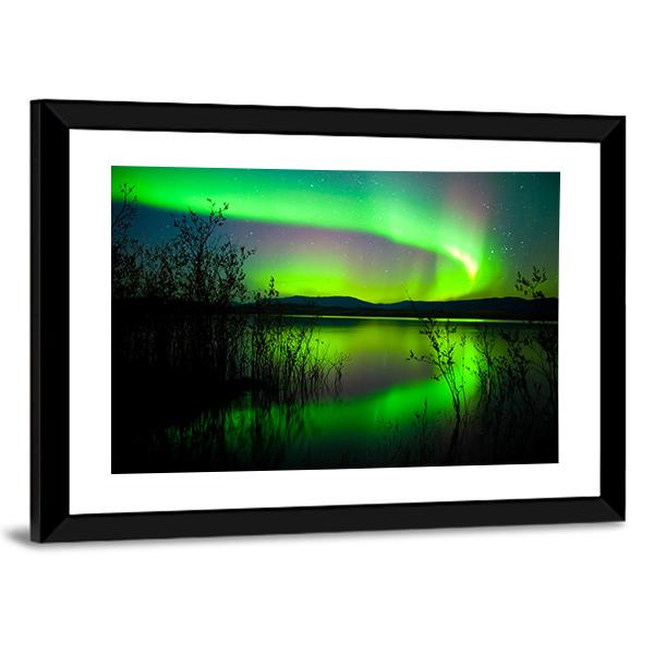 Silhouettes Of Intense Northern Lights over Lake Laberge Canada Canvas Wall Art-3 Horizontal-Gallery Wrap-25" x 16"-Tiaracle