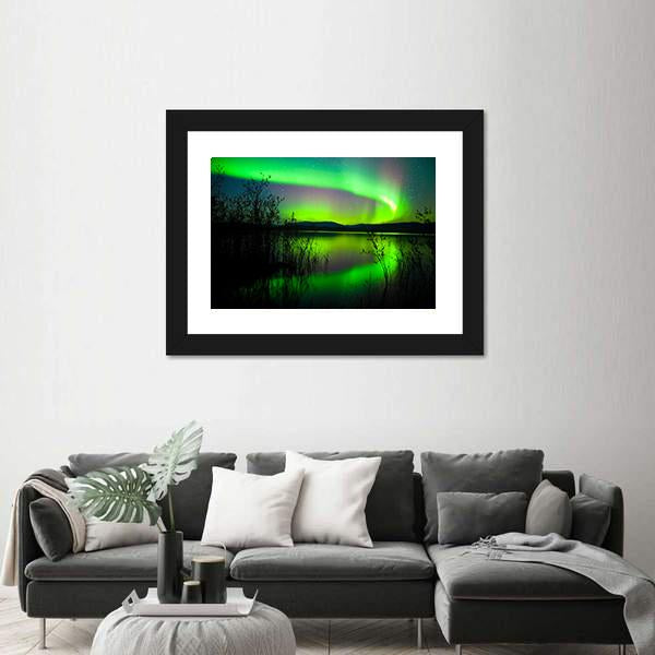 Silhouettes Of Intense Northern Lights over Lake Laberge Canada Canvas Wall Art-3 Horizontal-Gallery Wrap-25" x 16"-Tiaracle