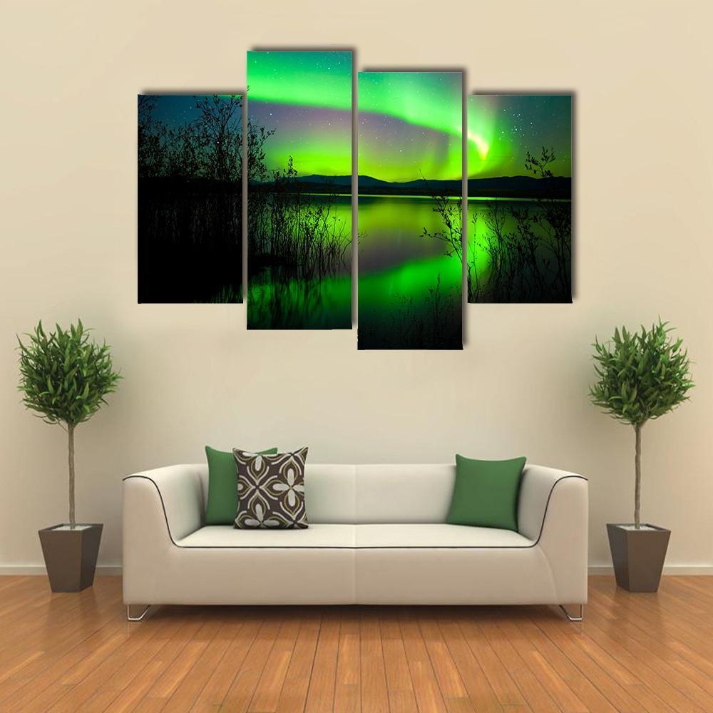 Silhouettes Of Intense Northern Lights over Lake Laberge Canada Canvas Wall Art-4 Pop-Gallery Wrap-50" x 32"-Tiaracle
