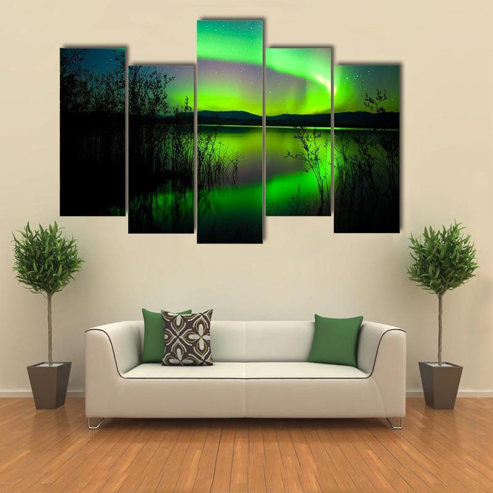 Silhouettes Of Intense Northern Lights over Lake Laberge Canada Canvas Wall Art-5 Pop-Gallery Wrap-47" x 32"-Tiaracle