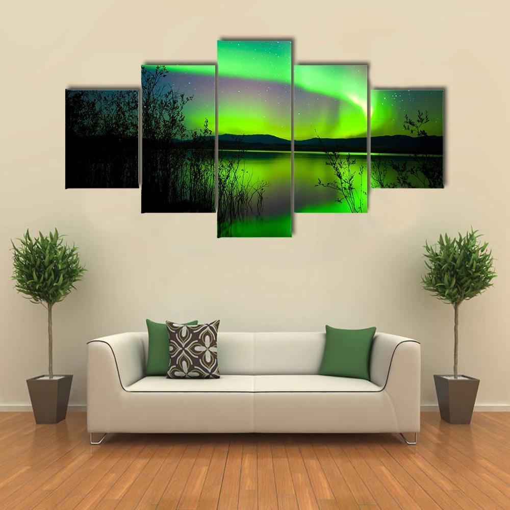 Silhouettes Of Intense Northern Lights over Lake Laberge Canada Canvas Wall Art-5 Star-Gallery Wrap-62" x 32"-Tiaracle