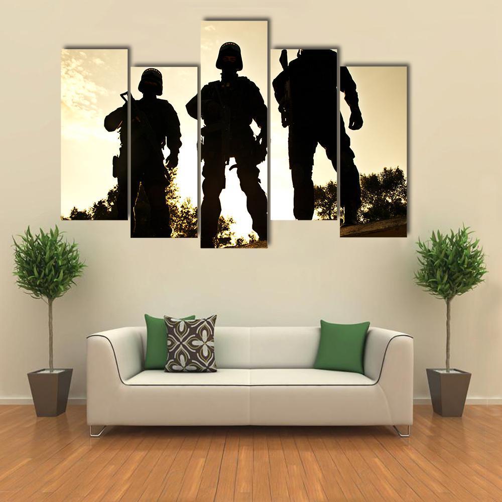 Silhouettes Of S W A T Officers Holding Their Guns Canvas Wall Art-5 Pop-Gallery Wrap-47" x 32"-Tiaracle
