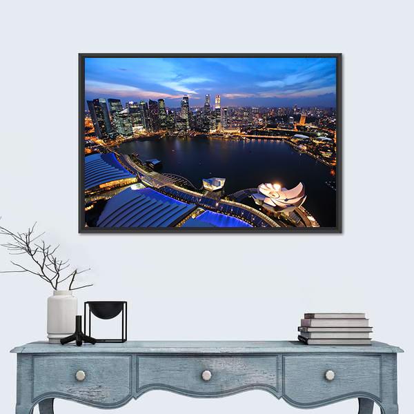 Singapore Cityscape At Night Canvas Wall Art-1 Piece-Floating Frame-24" x 16"-Tiaracle