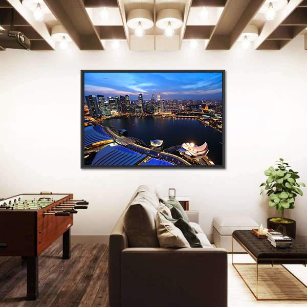 Singapore Cityscape At Night Canvas Wall Art-3 Horizontal-Gallery Wrap-25" x 16"-Tiaracle
