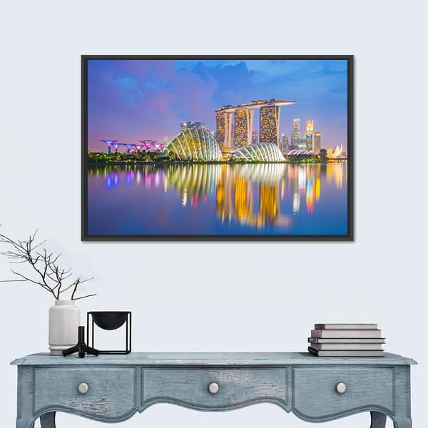 Singapore Cityscapes At Twilight Canvas Wall Art-3 Horizontal-Gallery Wrap-25" x 16"-Tiaracle