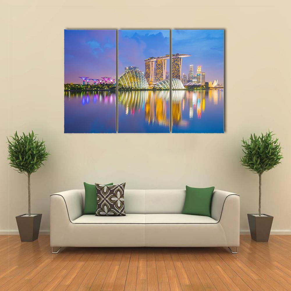 Singapore Cityscapes At Twilight Canvas Wall Art-3 Horizontal-Gallery Wrap-37" x 24"-Tiaracle