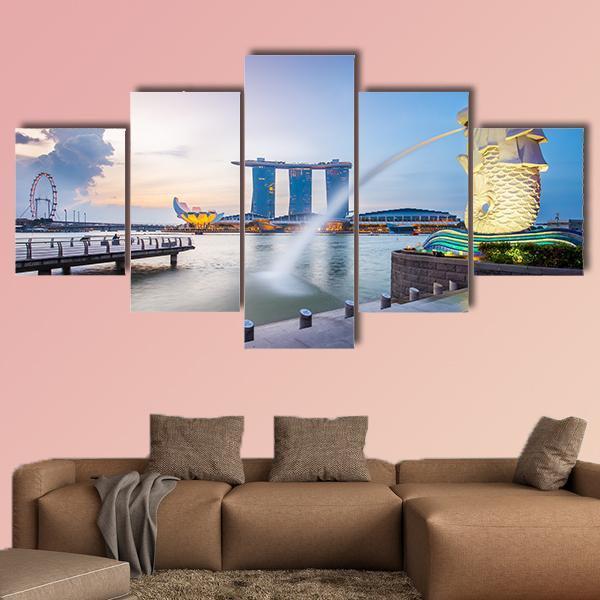 Singapore Skyline And Merlion In The Morning Canvas Wall Art-5 Star-Gallery Wrap-62" x 32"-Tiaracle