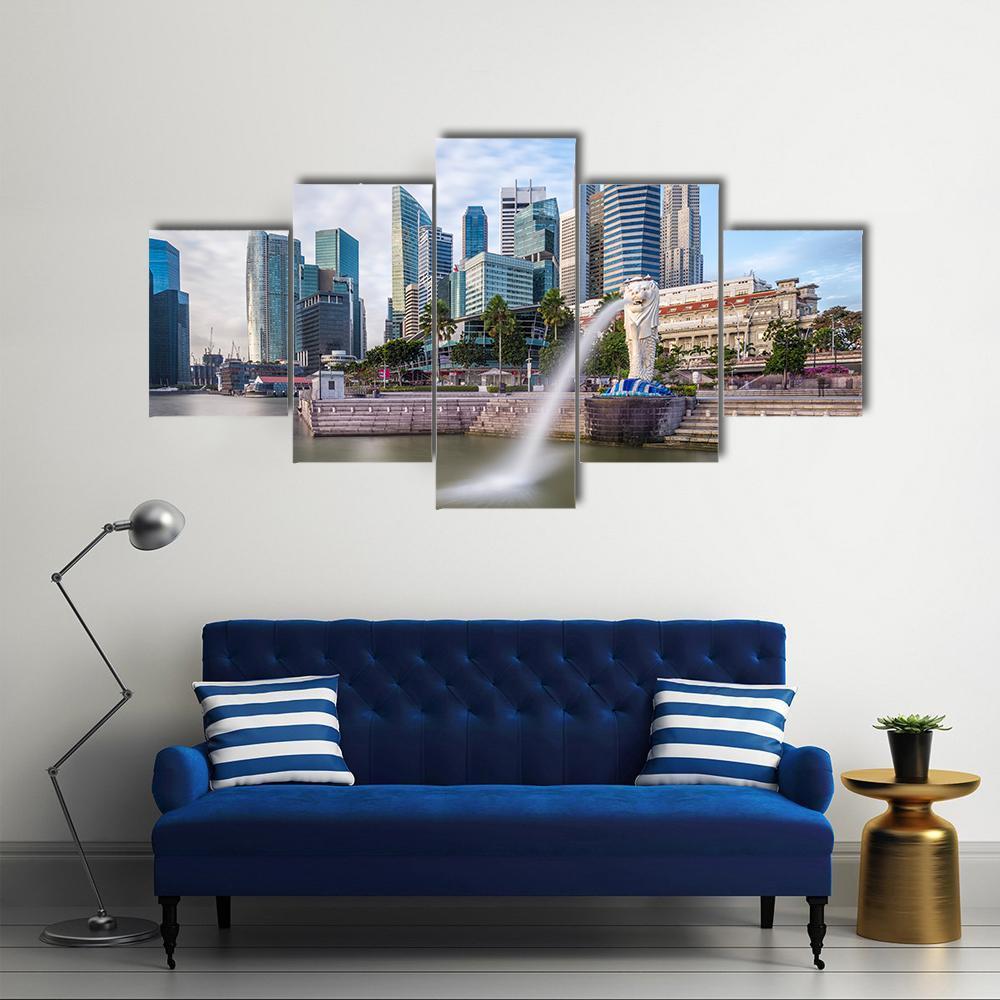 Singapore Skyline And River At Merlion Bay Canvas Wall Art-5 Star-Gallery Wrap-62" x 32"-Tiaracle