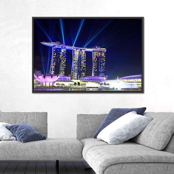 Singapore Skyline At Night Canvas Wall Art-3 Horizontal-Gallery Wrap-25" x 16"-Tiaracle