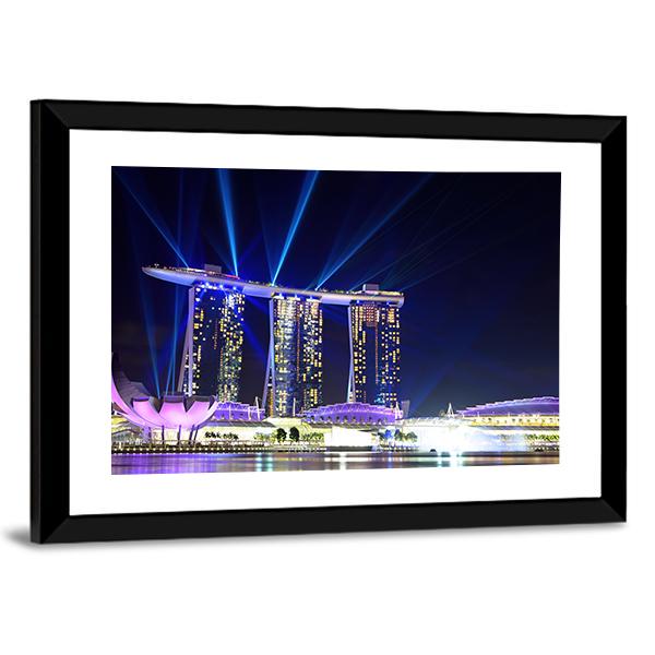 Singapore Skyline At Night Canvas Wall Art-3 Horizontal-Gallery Wrap-25" x 16"-Tiaracle