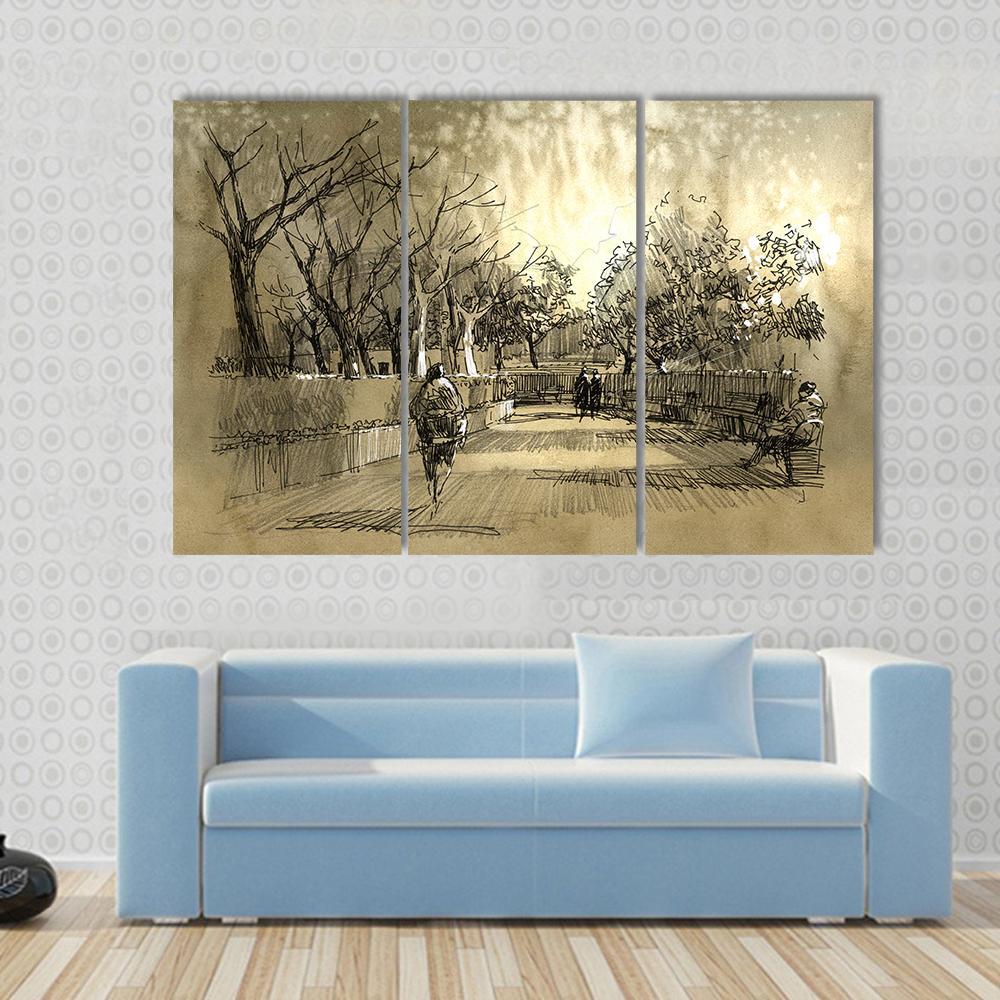 Sketch Of City Park Walkway Canvas Wall Art-3 Horizontal-Gallery Wrap-37" x 24"-Tiaracle