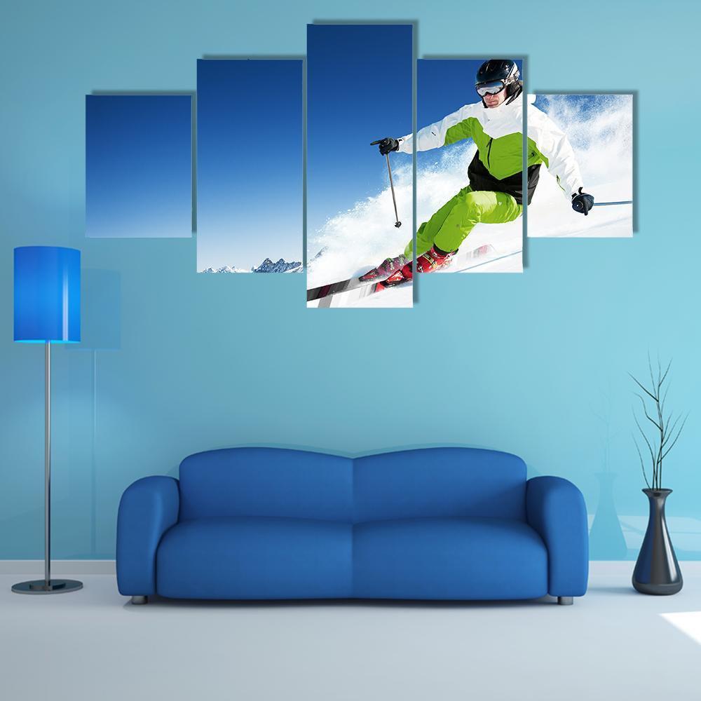 Skier In Mountains Canvas Wall Art-5 Star-Gallery Wrap-62" x 32"-Tiaracle