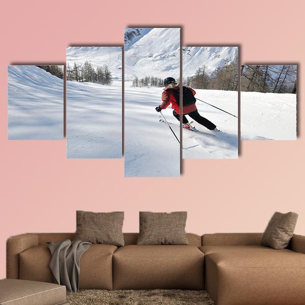 Skier Skiing Downhill Canvas Wall Art-5 Star-Gallery Wrap-62" x 32"-Tiaracle