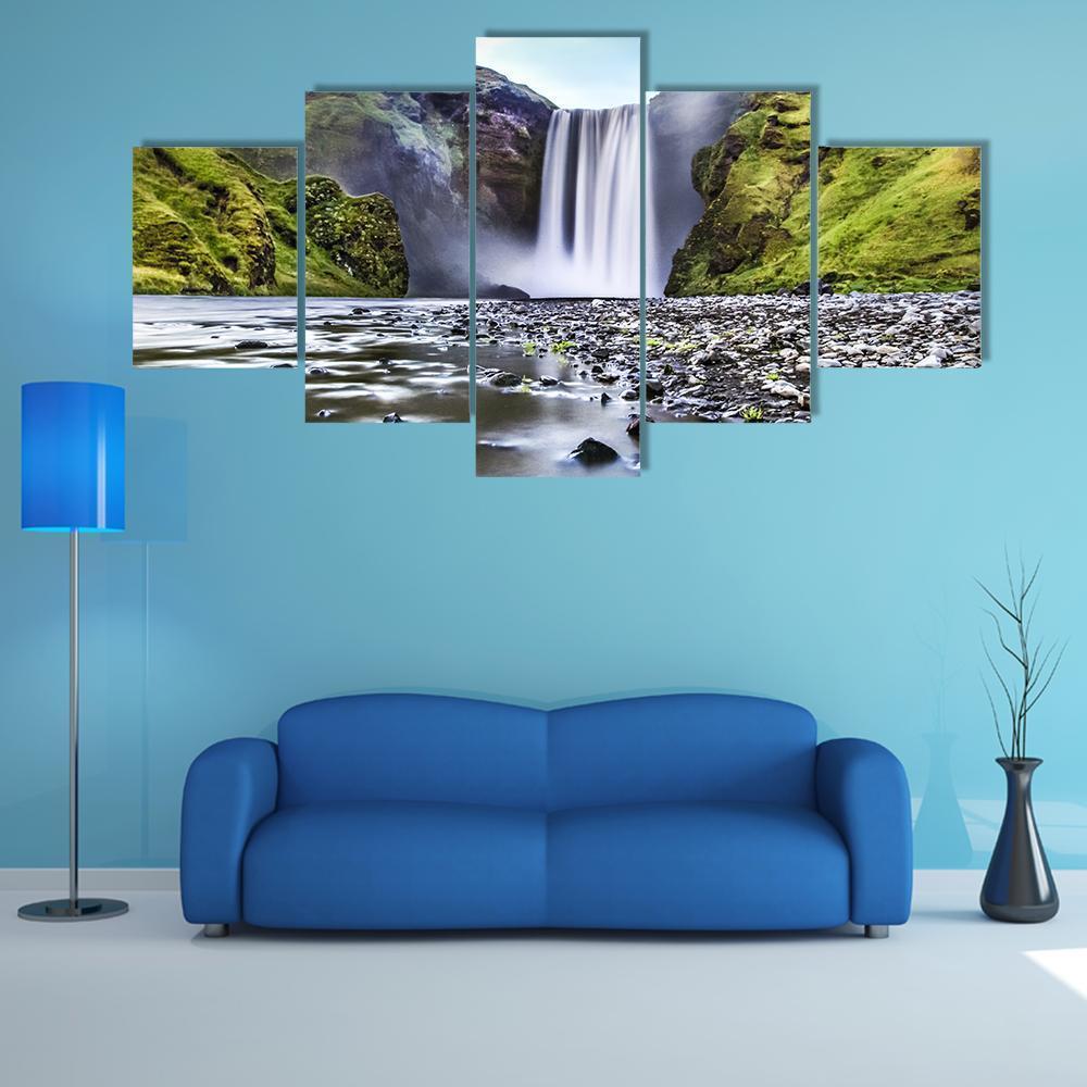 Skogafoss Waterfall In Iceland Canvas Wall Art-5 Star-Gallery Wrap-62" x 32"-Tiaracle