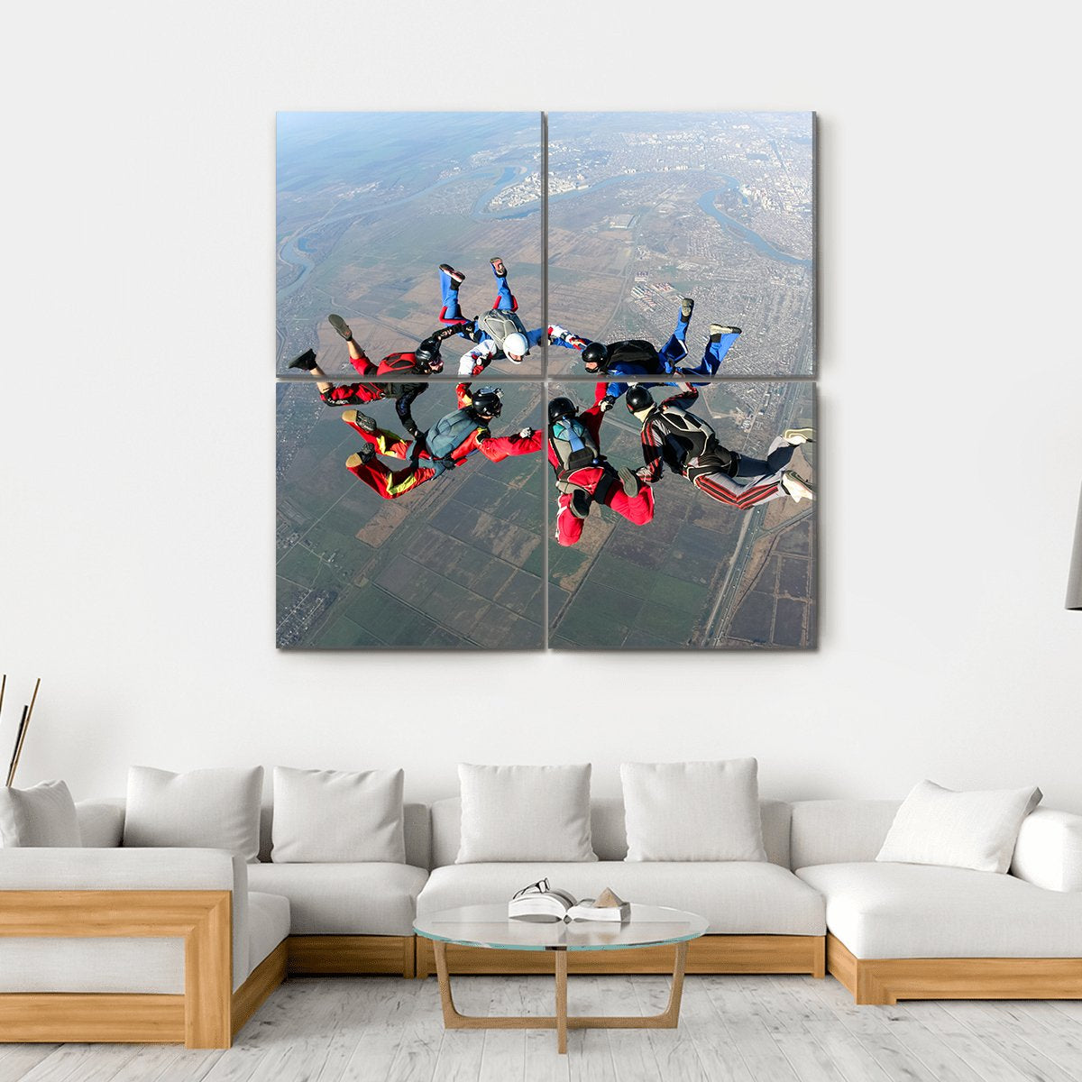 Skydivers Groups Moving Towards Ground Canvas Wall Art-4 Square-Gallery Wrap-17" x 17"-Tiaracle