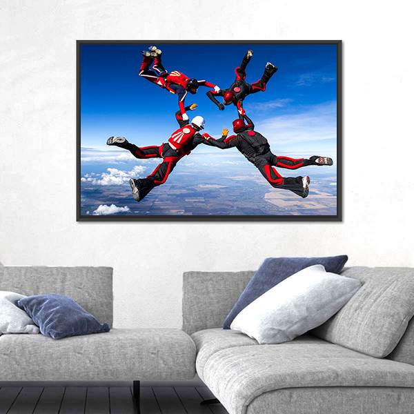 Skydivers In Relative Work Canvas Wall Art-3 Horizontal-Gallery Wrap-25" x 16"-Tiaracle