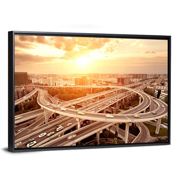 Skyline And Traffic Trails On Highway Intersection Canvas Wall Art-3 Horizontal-Gallery Wrap-25" x 16"-Tiaracle
