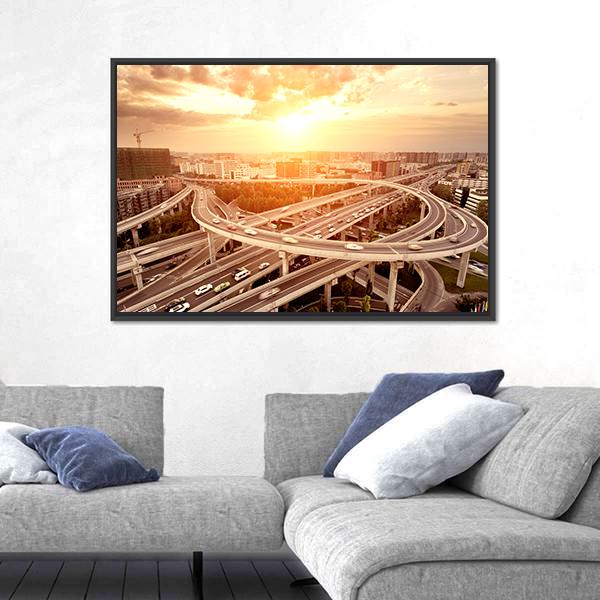 Skyline And Traffic Trails On Highway Intersection Canvas Wall Art-3 Horizontal-Gallery Wrap-25" x 16"-Tiaracle