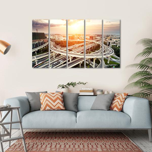 Skyline & Highway Intersection Canvas Wall Art-5 Horizontal-Gallery Wrap-22" x 12"-Tiaracle